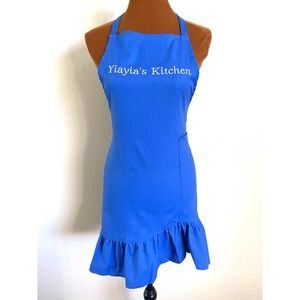 Yiayia's Kitchen Blue Embroidered Apron with Ruffles